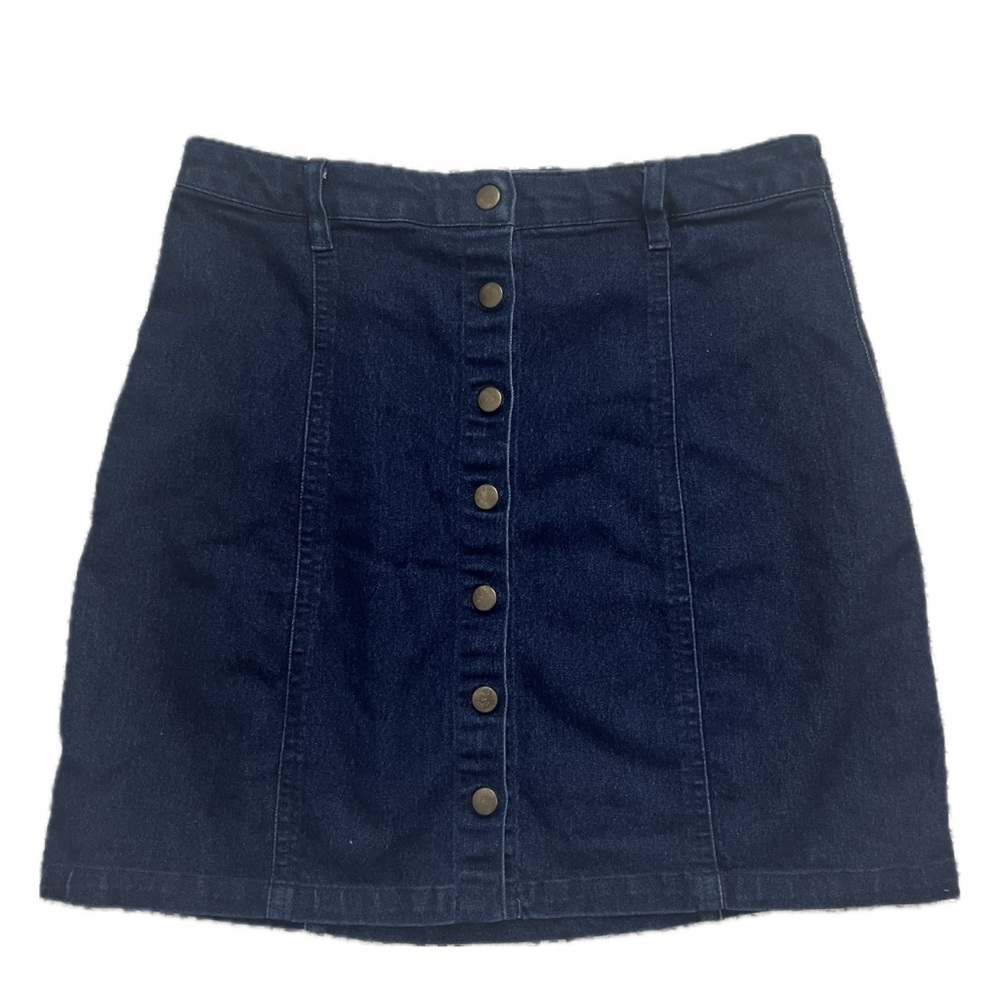 FOREVER 21 Mini Jean Skirt Full Front Snap Stretch Belt Loops Dark Wash Size S
